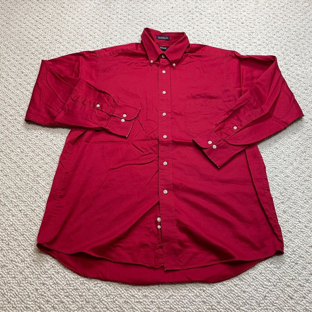 IZOD Shirt Mens 16.5 32/33 Large Red Long Sleeve Button Down Collar Dress Twill
